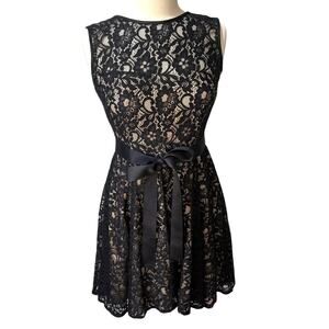 Betsy & Adam Elegant Black Lace Layered Ribbon Waist Dress Size 8 Made in USA